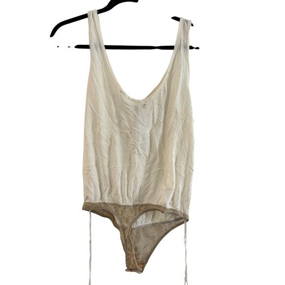 Free People XS Ivory Lace-Trimmed Bodysuit With Scoop Neckline & Adjustable Tie - Picture 2 of 4
